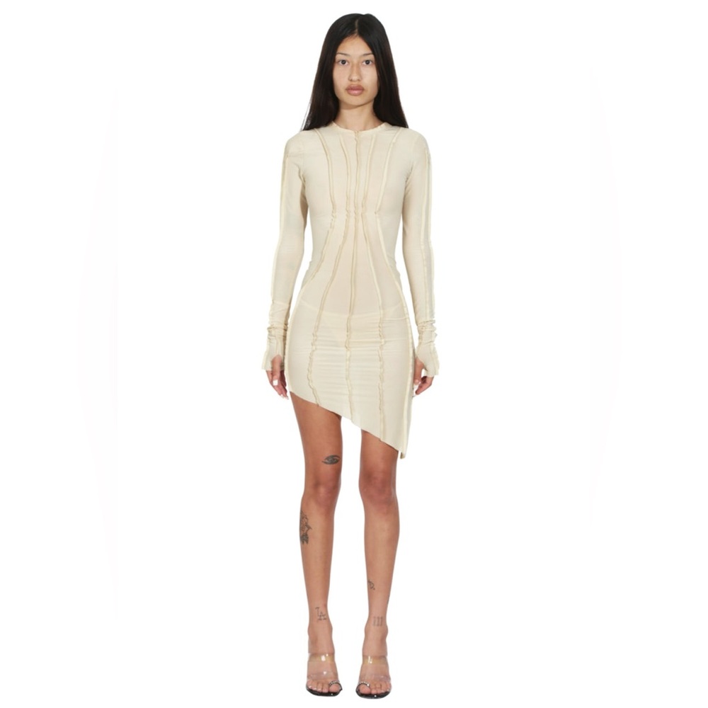 Sami Miro Vintage Asymmetric Long Sleeve Mini Dress in Ivory Mesh